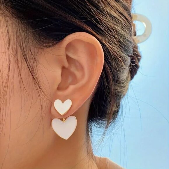Private Label Jewelry - NEW Harper White Enamel Heart Two Part Stud and Drop Earrings